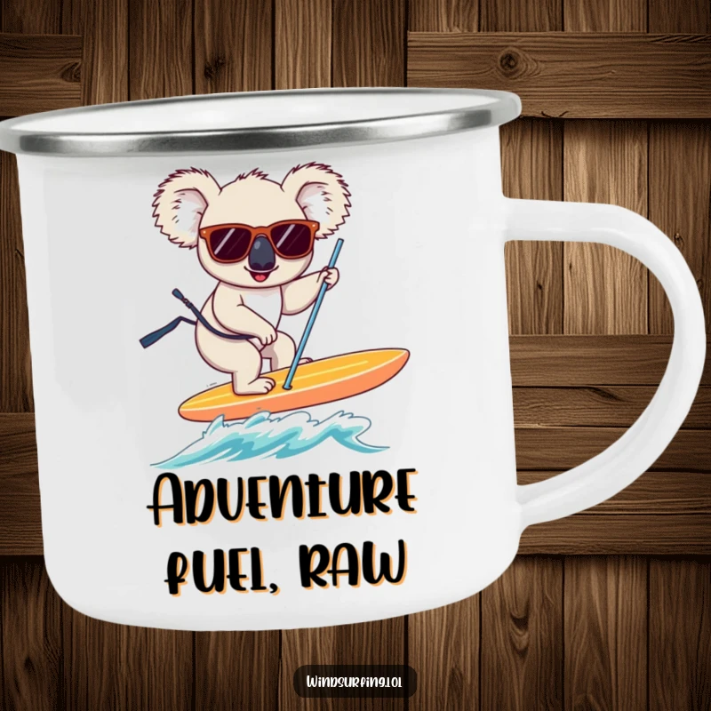 Funny koala windsurfer, sunglasses on, balancing on a board, a durable and humorous camping mug.