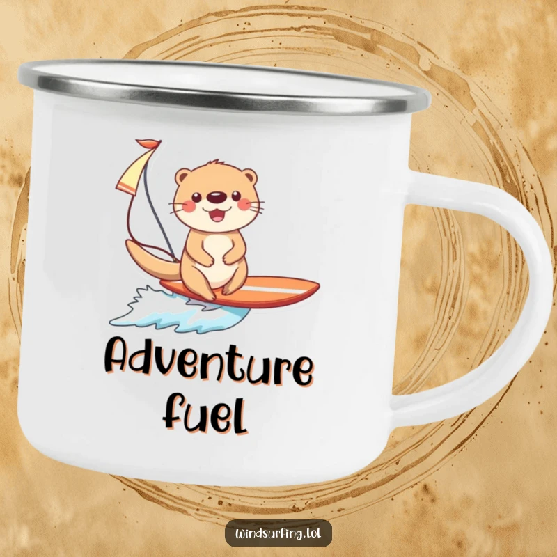 Funny Otter Surfing Camping Mug: A happy otter expertly surfs, sail held high, for rugged outdoor fun.