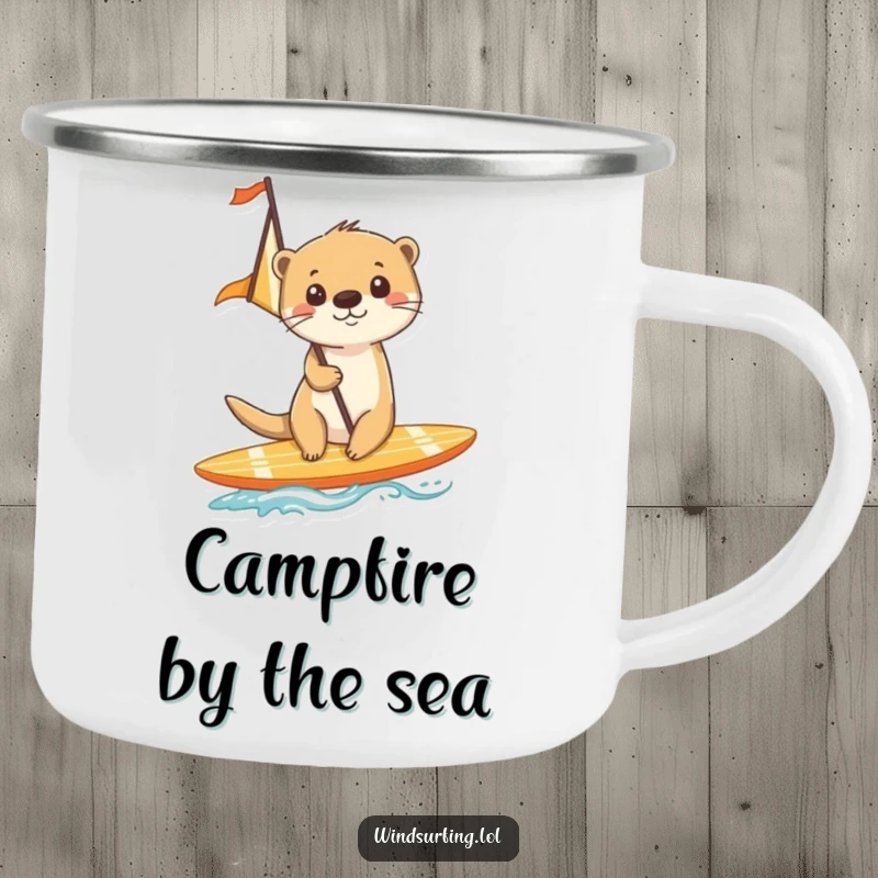 Funny camping mug illustrating a cheerful otter gliding on a surfboard with a sail, embracing the wild.
