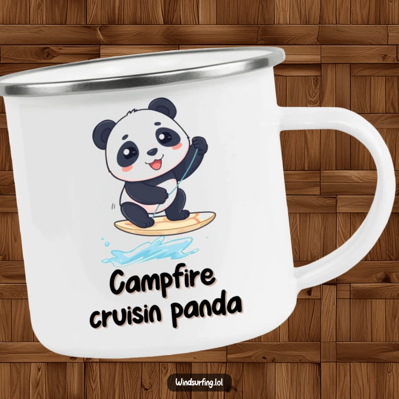 Funny Camping Mug: A panda balances on a windsurfing board, perfect for funny outdoor coffee breaks.