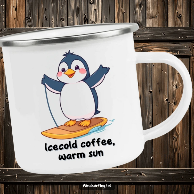 Funny camping mug with a proud penguin striking a pose on a windsurfing board, ready for any outdoor adventure.