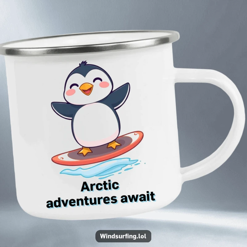 Funny penguin windsurfing camping mug showing a joyous penguin balancing on a windsurfing board under the sky.