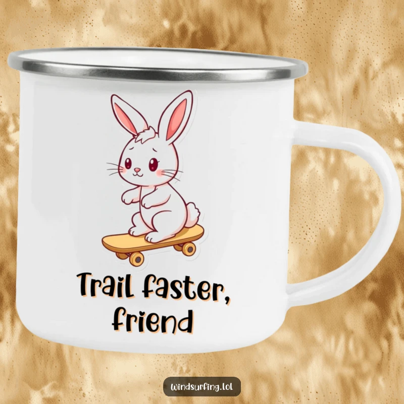 Funny bunny camping mug showing a playful bunny riding a board, ears back from the wind, great for outdoor fun.