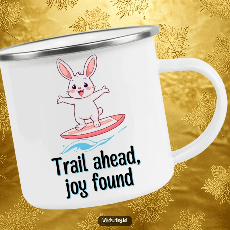 Funny rabbit windsurfer camping mug, a cheerful hare balancing on a windsurf board, symbolizing outdoor fun and adventure, perfect for drinks.