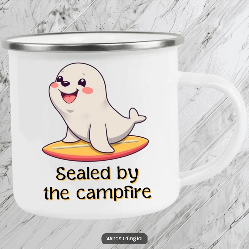 Funny camping mug showing a happy seal with a huge smile riding a surfboard, perfect for outdoor fun and smiling always.