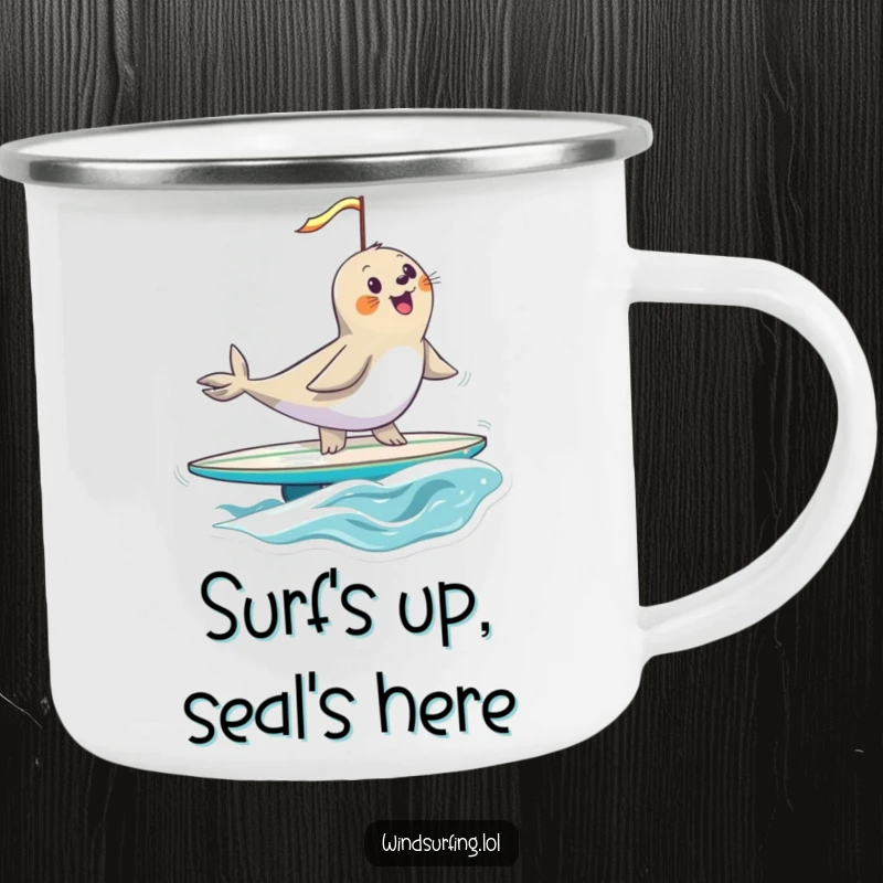 Funny seal windsurfing on a surfboard under a full sail, designed for a rugged camping mug, bringing humorous adventure to your drink.
