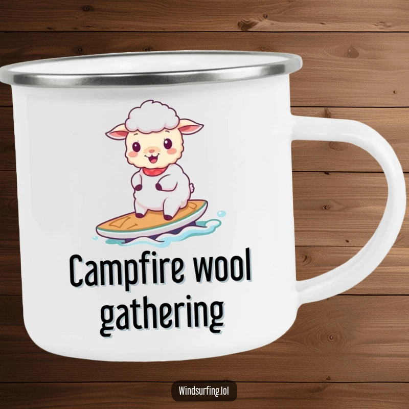 Funny cheerful sheep sailing on a small board on a durable camping mug, perfect for peaceful outdoor moments.