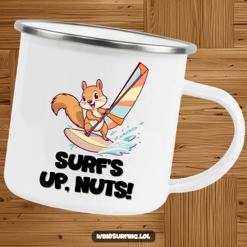 Funny squirrel windsurfing with determination, printed on a sturdy camping mug, perfect for enjoying drinks outdoors with a humorous touch.