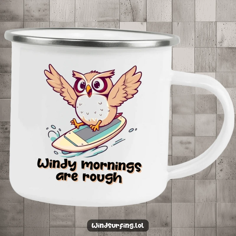 Funny Camping Mug featuring a surprised owl comically falling off a windsurf board, designed for outdoor adventurers with humor.