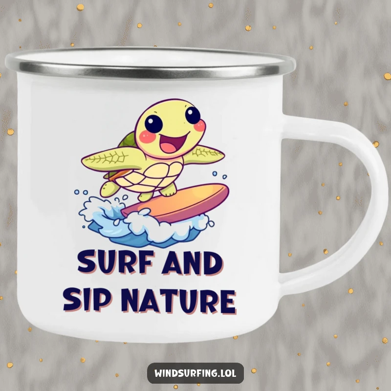 Funny camping mug with a joyful sea turtle surfing a small wave. Durable humor for beach adventures.