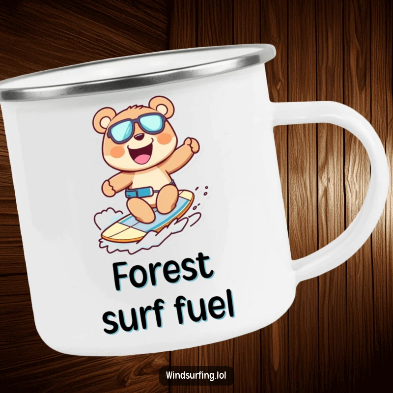Funny camping mug featuring a cheerful bear windsurfing, built for outdoor adventures and ursine humor.
