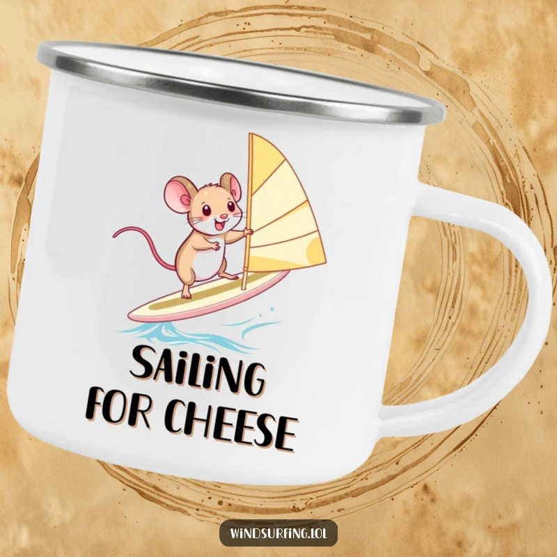 Funny Camping Mug: A squealing mouse balances on a windsurfing board, bringing humorous extreme sports action to outdoor drinks.