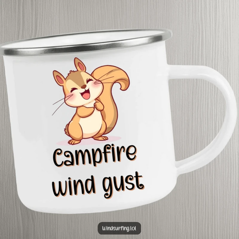 Funny camping mug with a happy squirrel dramatically leaning into a strong wind, perfect for outdoor adventures and humor.