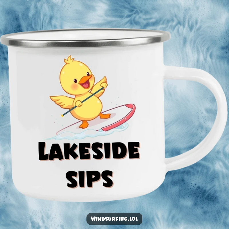 Funny Duckling Camping Mug featuring a happy duckling windsurfing with tiny flapping wings. Durable and humorous for outdoor explorations.