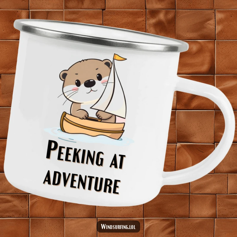 Funny otter peeking from a sailboat on a durable camping mug, ready for outdoor adventures and morning brews.