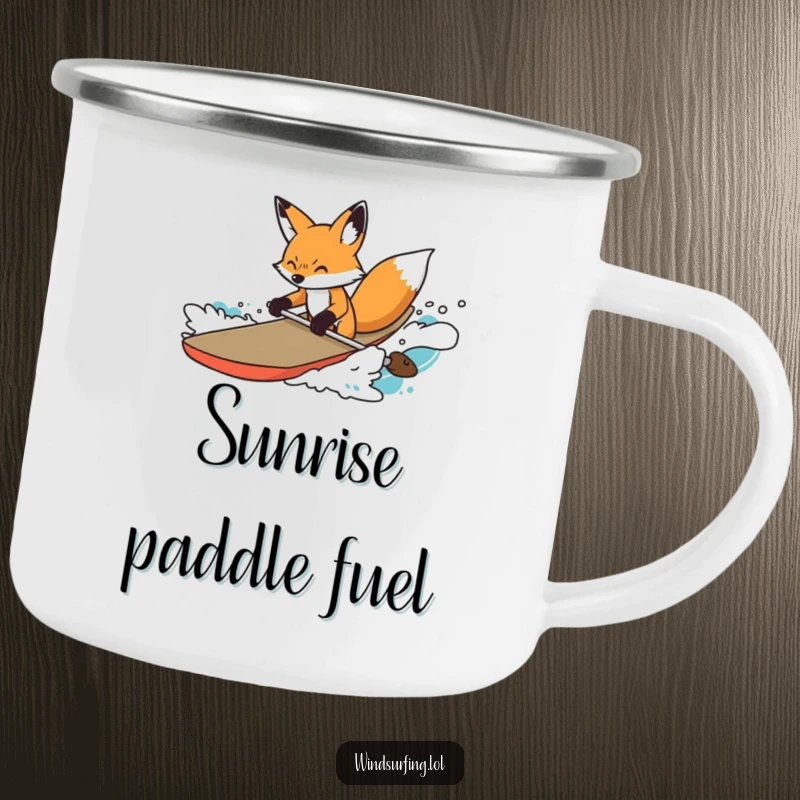Funny Camping Mug featuring a determined fox steering a board through choppy water, designed for resilient outdoor enthusiasts.