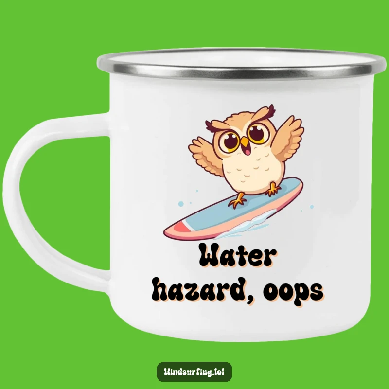Funny Surprised Owl Windsurf Camping Mug - Hilarious Enamel Mug, Great for Campers