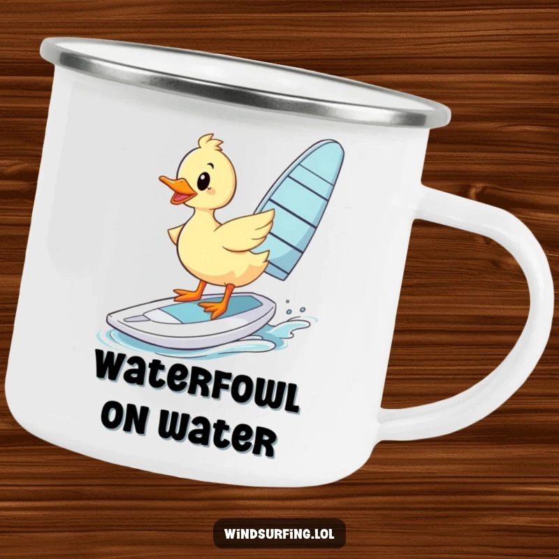 Funny Camping Mug: A duck wobbles on a windsurfing board, perfect for funny outdoor coffee breaks.