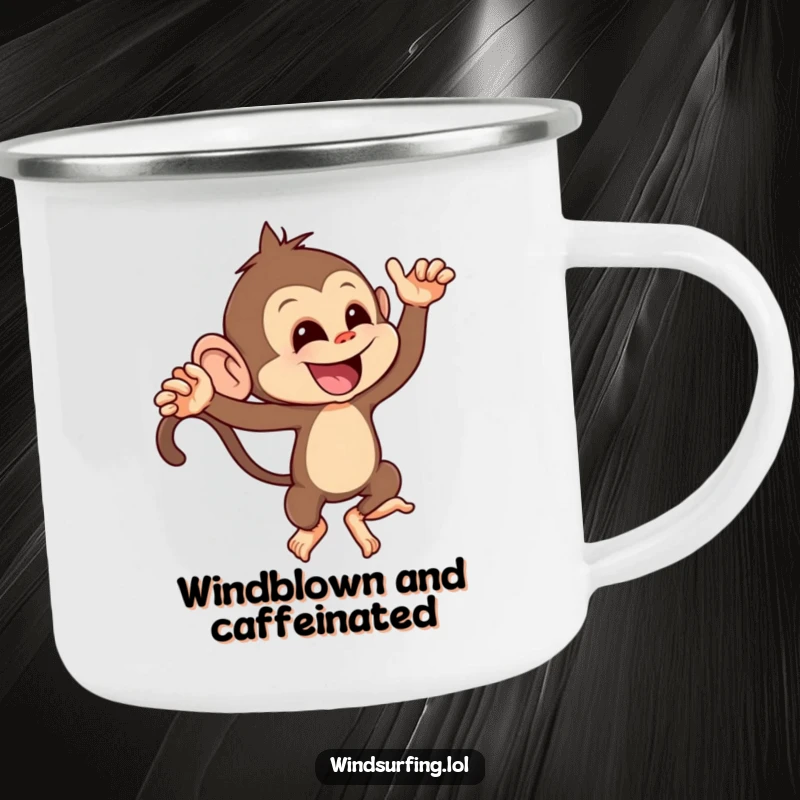 Funny camping mug showing a mischievous monkey leaning playfully into a strong gust of wind, ideal for outdoor sips.