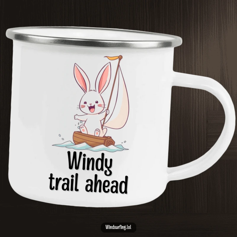 Funny Bunny Camping Mug featuring a joyful bunny struggling with a large sail. Durable and humorous for outdoor explorations.