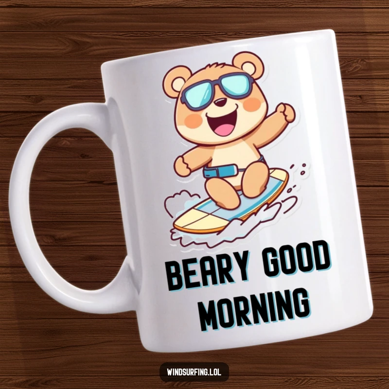 Funny mug of a cheerful bear windsurfing with a wide grin, pure ursine joy and adventure, a delightful gift.