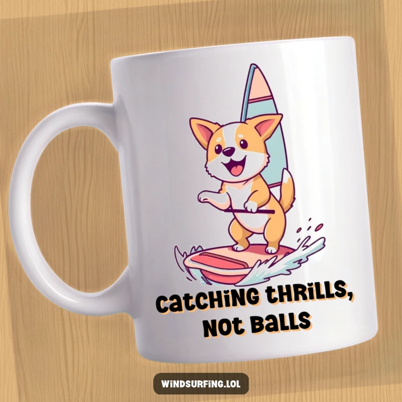 Funny Mug: A happy dog leaps into the air while windsurfing, with pure joy and excitement on its face.