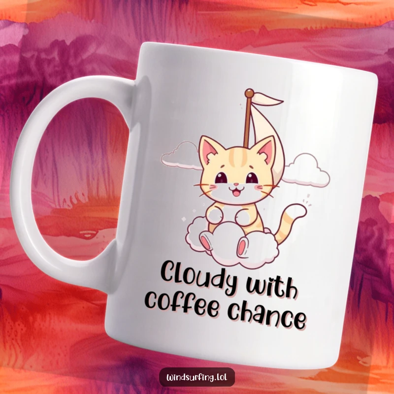 Funny mug showing a smiling cat sailing smoothly, using its sail to playfully catch a fluffy white cloud.