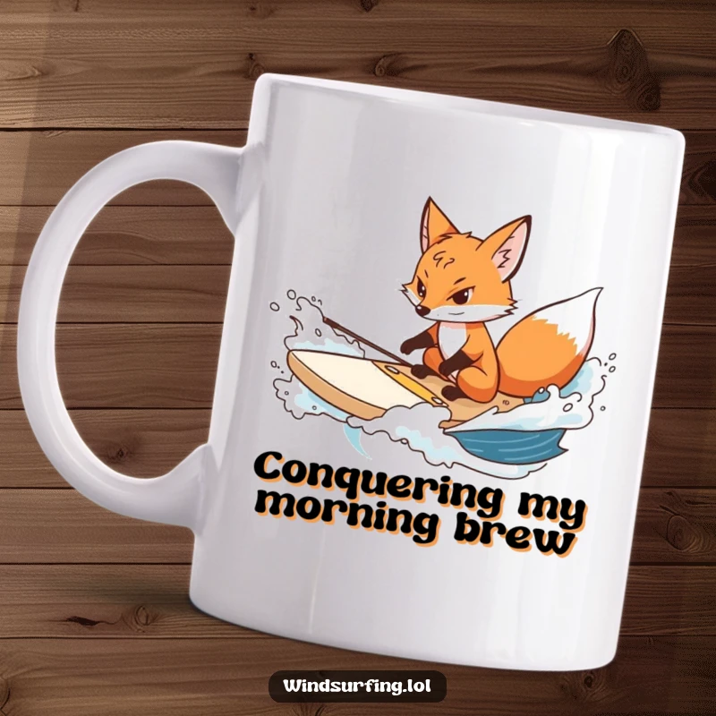 Funny fox mug showing a determined fox expertly steering a surfboard through choppy water, radiating focus and resilience.