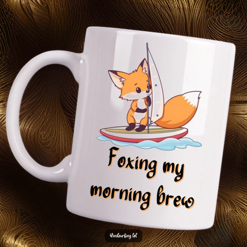 Funny, curious fox carefully adjusting its sail while balancing on a small surfboard, embodying a unique and humorous approach to windsurfing.