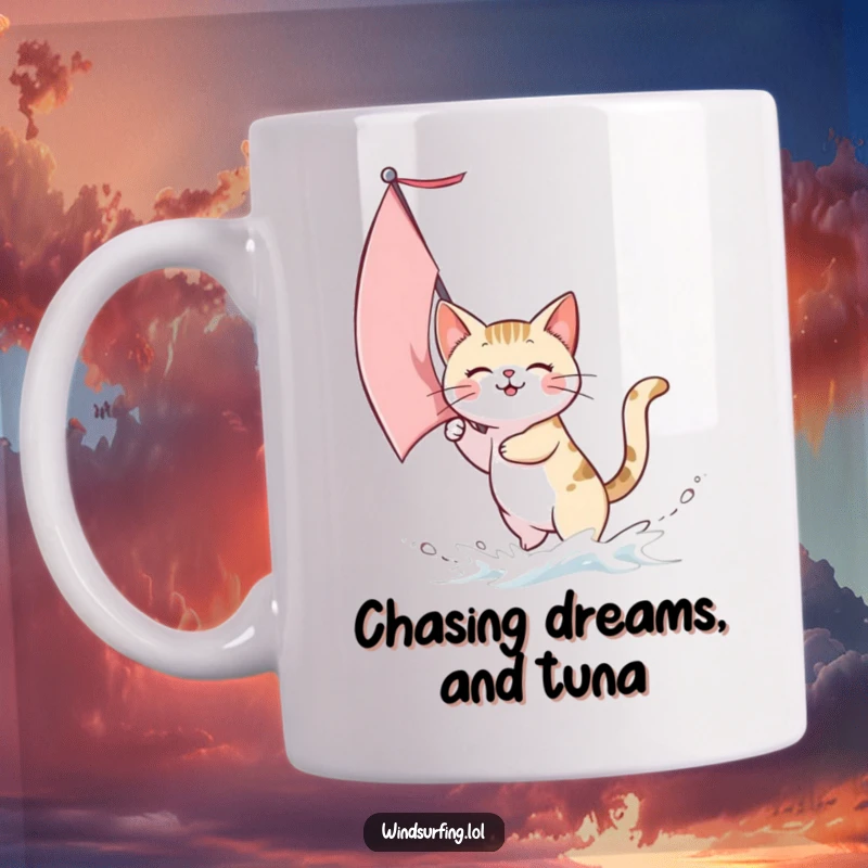 Funny mug showing a joyful cat with sails catching a strong gust of wind, sailing gleefully across the water.