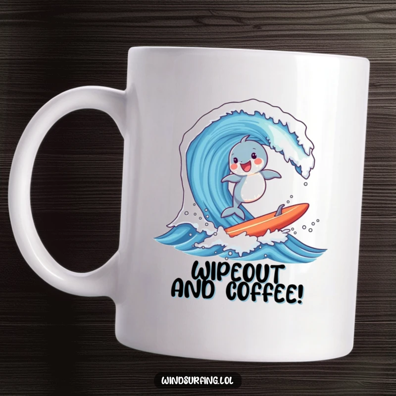 Funny mug showing a joyful dolphin expertly surfing a massive wave on a board, embodying extreme ocean sports and happiness.