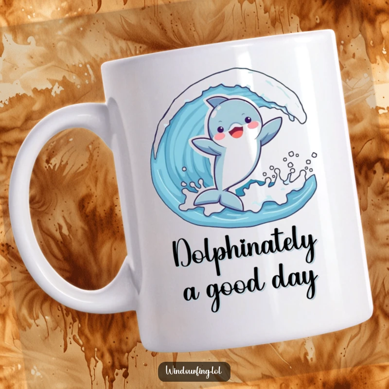 Funny mug showing a playful dolphin joyfully catching a wave with arms outstretched, embodying pure, aquatic, and ecstatic fun.