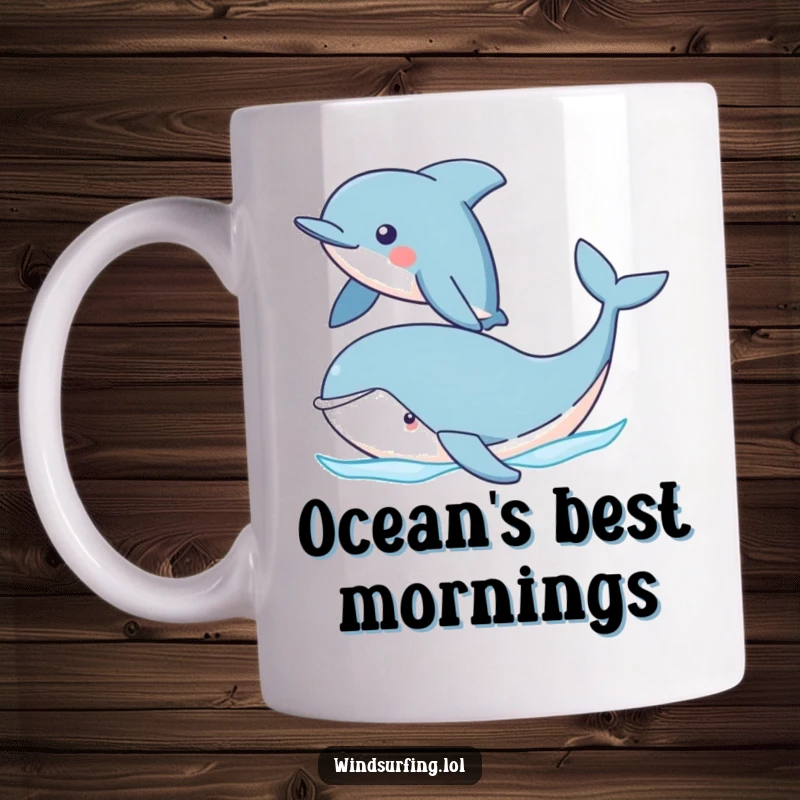 Funny Dolphin and Whale Mug showing a proud dolphin sailing past a cute whale in the ocean. A heartwarming and humorous sea-themed gift.