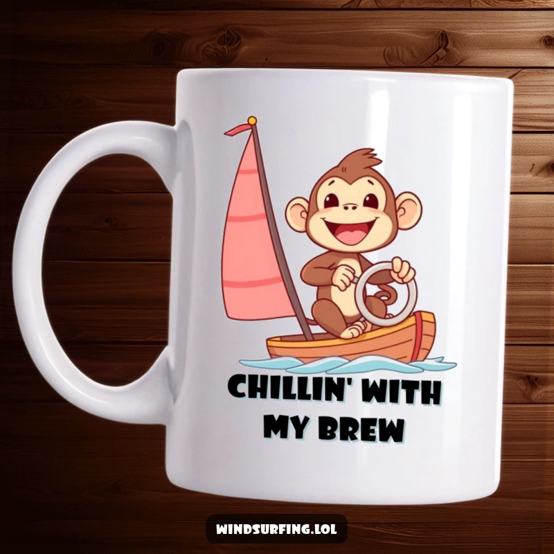 Funny mug showing an excited monkey with a huge smile steering a sailboard, embodying pure joy and water sports fun.
