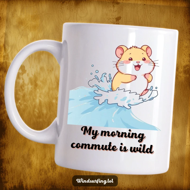 Funny Mug: A giggling hamster joyfully zooming across a choppy blue sea, embodying tiny adventurer spirit, a great funny gift.