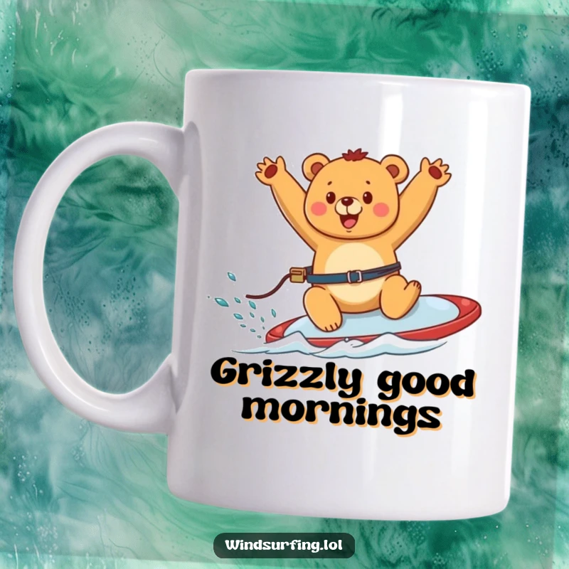 Funny mug showing a happy bear joyfully windsurfing, arms waving wildly in the air, embodying pure exhilaration.