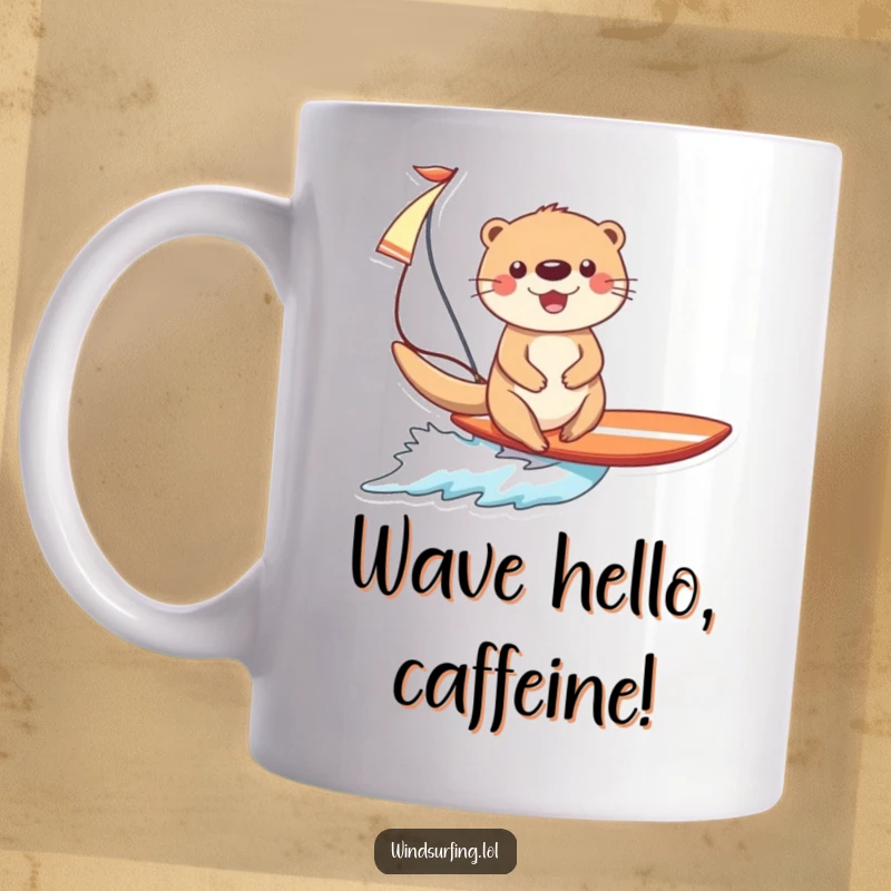 Funny Otter Surfing Mug: A happy otter gleefully surfs a wave, waving a sail with pure excitement.