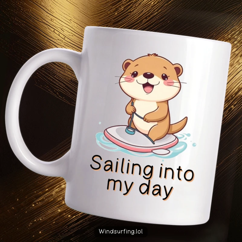 Funny Mug: A joyful otter gleefully windsurfing on a tiny board, riding a small wave with pure delight.