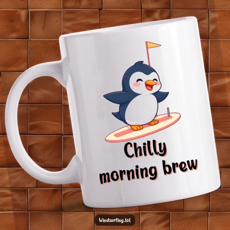 Funny mug featuring a giggling penguin effortlessly gliding on a sailboard, exuding pure joy and a love for adventure.