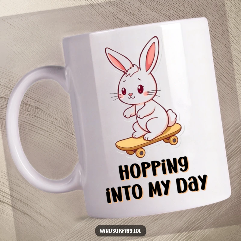 Funny bunny mug with a playful expression, ears blown back by the wind while riding a board, capturing joy.