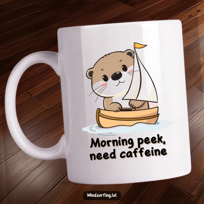 Funny otter peeking curiously from behind a tiny sailboat, illustrating a moment of playful adventure on the water.