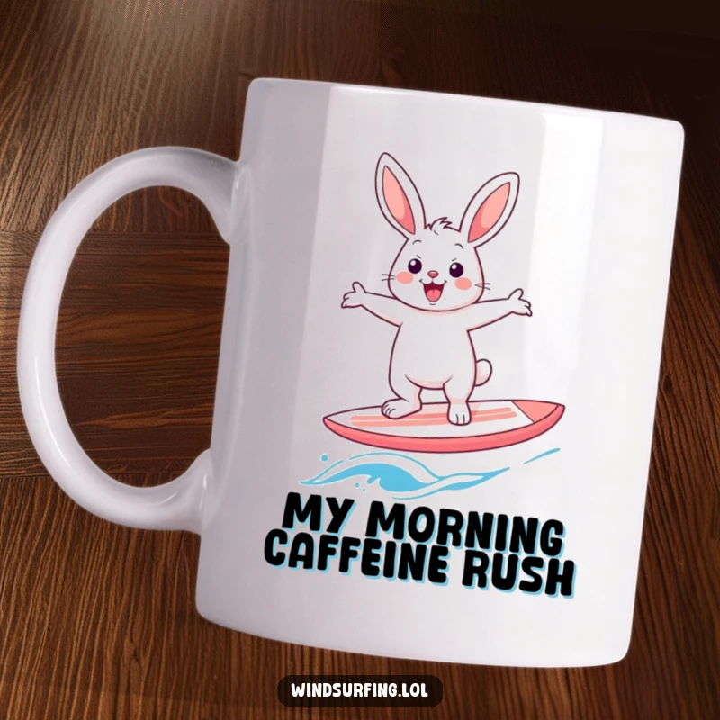 Funny rabbit windsurfer mug, a cheerful hare joyfully balancing arms outstretched on a windsurf board, capturing thrilling outdoor fun.
