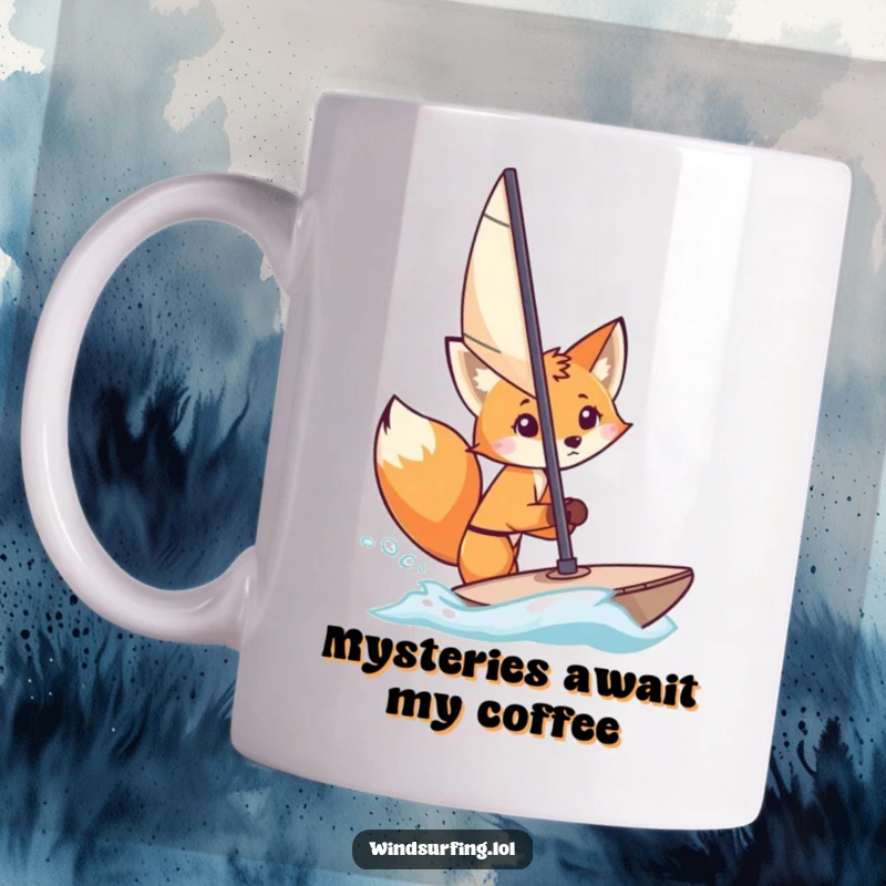Funny Mug: A sly, curious fox peeks from behind a windsurfing sail, hinting at playful observation and adventure.