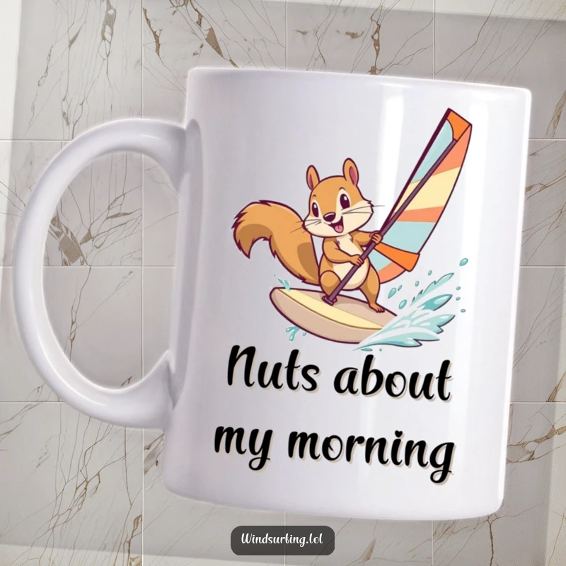 Funny squirrel windsurfing with intense focus, performing a stylish turn on a colorful sail, capturing extreme sports humor.