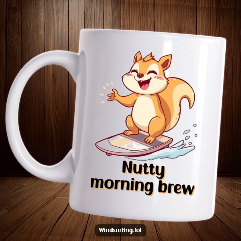 Funny Mug: A giggling squirrel strikes a triumphant pose while windsurfing, showcasing pure elation.
