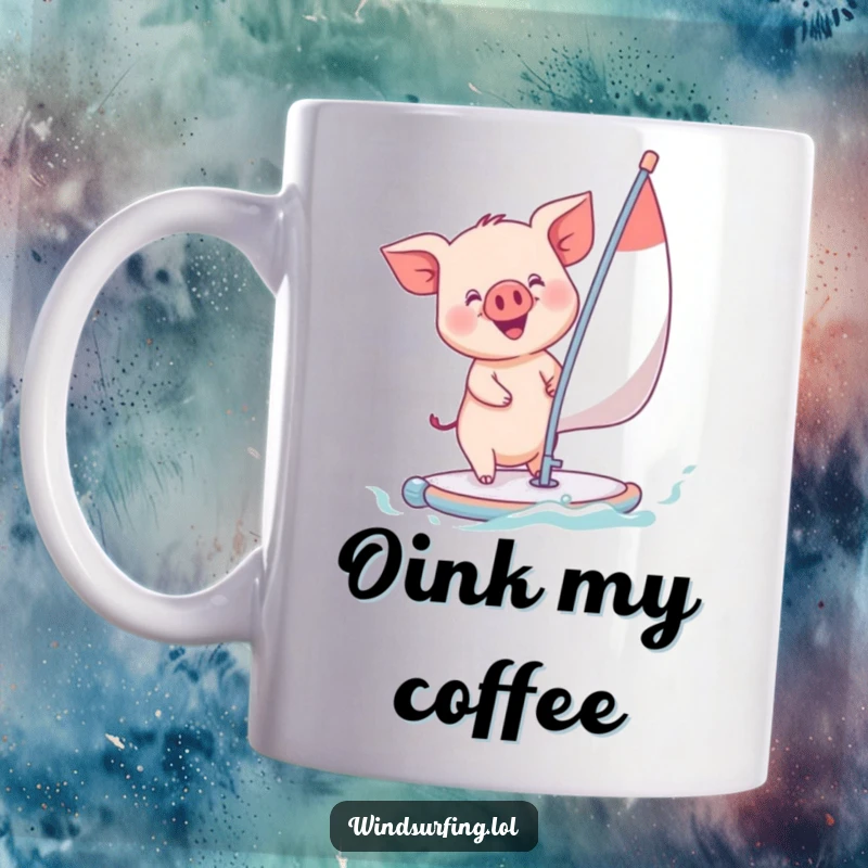 Funny piglet with a big grin, windsurfing on a small sail, exuding cuteness and playful humor on a delightful mug.