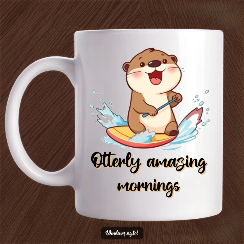 Funny, delighted otter joyfully splashing water while vigorously windsurfing on a board, embodying playful aquatic energy and pure fun.