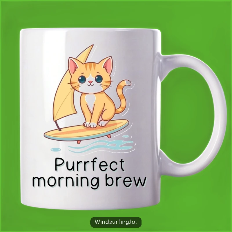 Funny Cat Surfing Mug: Curious Cat Balancing on Board Gift
