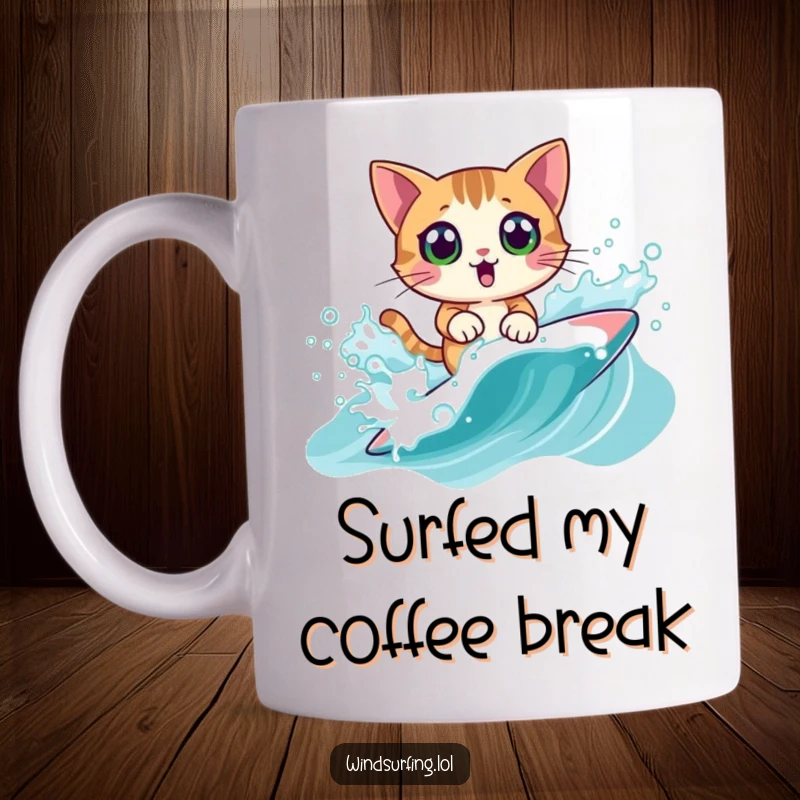 Funny Mug: A surprised cat hilariously windsurfing and splashing through a wave, pure chaotic water fun, a great funny gift.