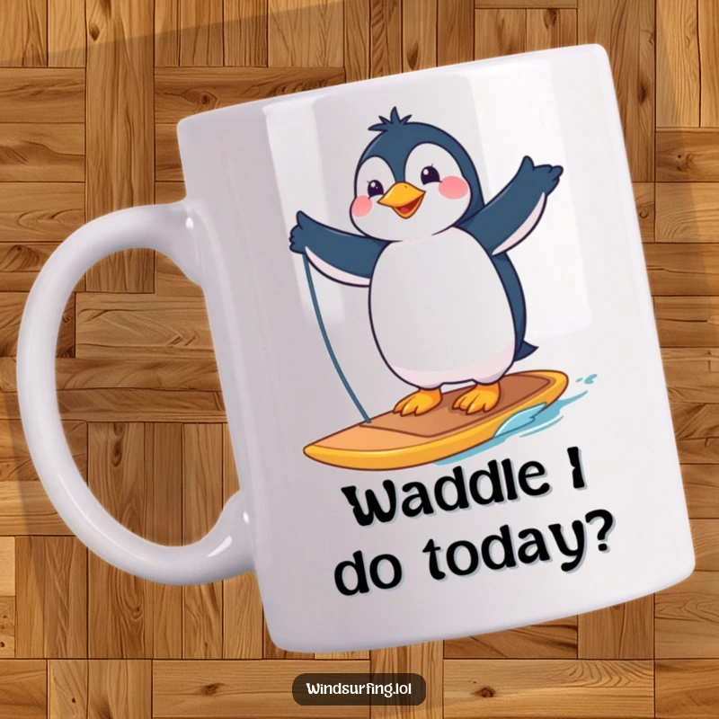 Funny mug with a proud penguin confidently posing on a windsurfing board, ready to catch a big wave with a smile.